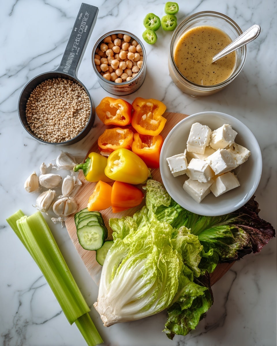 The image shows fresh ingredients on a white marbled surface. In the center, there is a small white bowl with large chunks of white cheese. Around it, on a wooden board, are halves of yellow and orange bell peppers, several peeled garlic cloves, and sliced cucumber. To the left, there is a black measuring cup filled with grains, next to a can with light brown chickpeas inside. There are also green celery stalks with leaves at the bottom left. Lettuce leaves, both light green and dark red, are scattered around the board. Above the board, a clear glass bowl holds a light brown dressing with a silver spoon inside. Small green pepper-like vegetables are also placed near the top right. The photo taken with an iphone --ar 4:5 --v 7