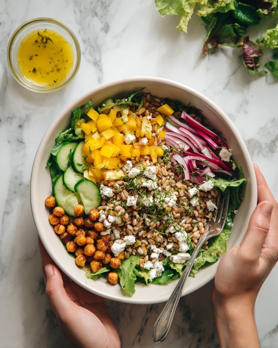 A white bowl is filled with several colorful layers starting with shredded red and green lettuce at the bottom, topped with chunks of yellow bell pepper, sliced red onions, cucumber pieces, chickpeas, and small cubes of white cheese sprinkled with herbs. There are also grains scattered around, likely farro or barley, adding a light brown textured layer. The bowl is held by two woman's hands from the sides, and a metal fork is resting inside the bowl on the right side. The background shows a white marbled surface with some salad leaves and a small clear bowl with a yellow dressing above the main bowl. Photo taken with an iphone --ar 4:5 --v 7