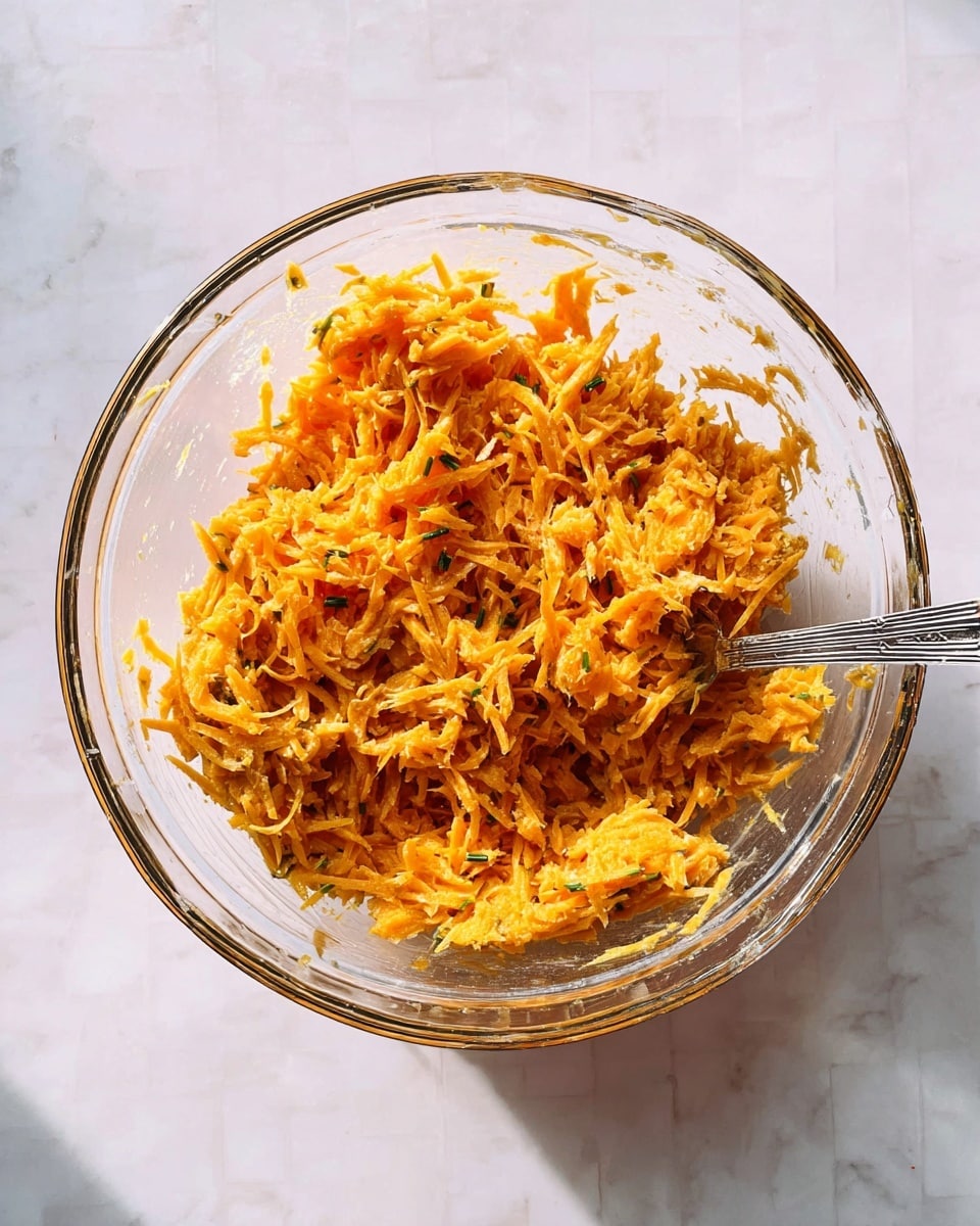 A clear glass bowl filled with shredded orange mixture, which looks creamy and slightly chunky, with small green specks evenly mixed throughout. A silver fork is partially buried on the right side inside the bowl, resting against the mixture. The bowl is set on a white marbled surface with soft natural light casting faint shadows. photo taken with an iphone --ar 4:5 --v 7