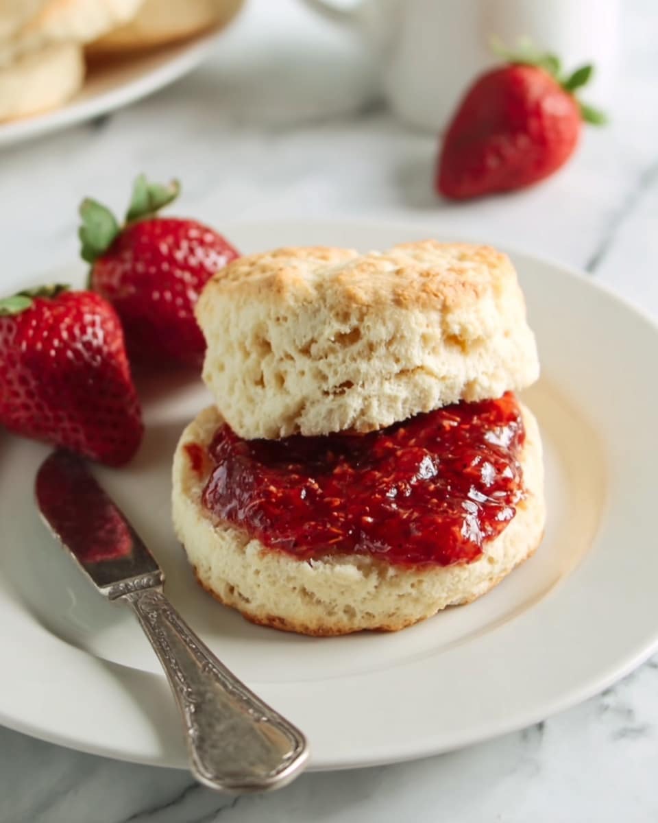 A white plate with a round biscuit split into two layers, the top layer resting slightly open on the bottom one. The bottom layer is topped with bright red, slightly chunky strawberry jam. Two fresh whole strawberries sit behind the biscuit on the plate. A silver knife lies on the left side of the plate. The plate is placed on a white marbled surface. Photo taken with an iphone --ar 4:5 --v 7