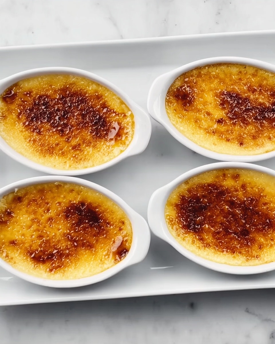 There are four small white oval dishes on a white marbled surface. Each dish holds a creamy dessert with a shiny, golden-brown top that looks slightly bubbly and caramelized. The texture of the top layer is crisp and smooth, covering a softer creamy layer beneath. The dishes are evenly spaced on a large white rectangular tray that also rests on the white marbled surface. photo taken with an iphone --ar 4:5 --v 7