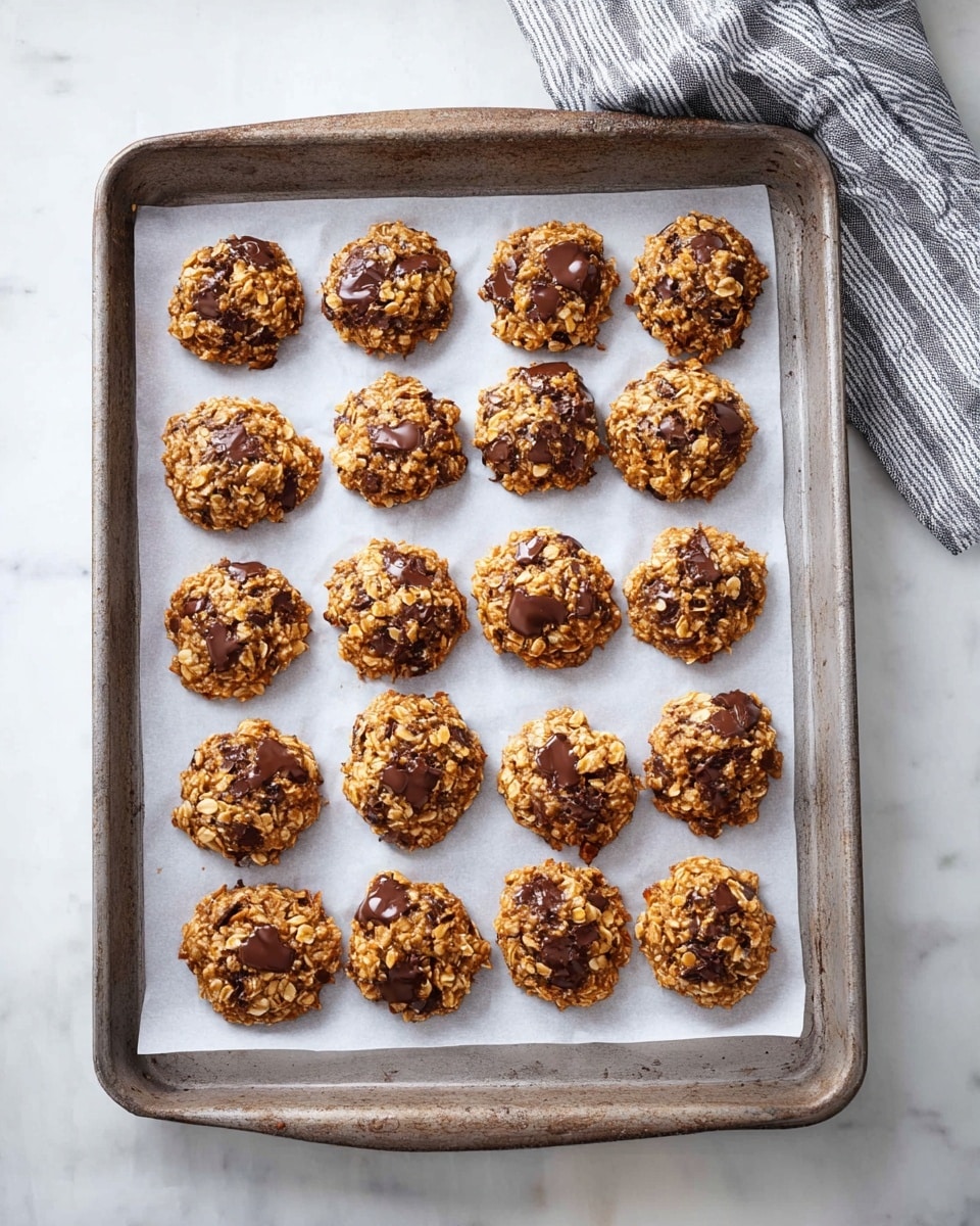 The image shows a metal baking tray lined with white parchment paper, holding 20 round, uneven cookies arranged in four rows and five columns. Each cookie is golden brown with visible oats and melted dark brown chocolate chunks, giving a textured and rough surface. The tray is placed on a white marbled surface, and a gray and white striped cloth is partly visible in the upper right corner. The photo taken with an iphone --ar 4:5 --v 7
