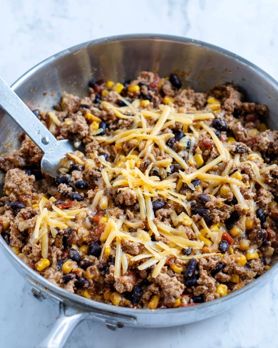 A close-up image of a metal pan filled with a cooked mixture of minced meat, black beans, yellow corn kernels, and shredded cheese. The minced meat is browned and mixed evenly with the black beans and bright yellow corn, while thin, pale yellow shredded cheese strands are scattered throughout. A metal spatula is partially visible in the pan, resting on the mixture as if ready to stir. The background is a white marbled texture. photo taken with an iphone --ar 4:5 --v 7