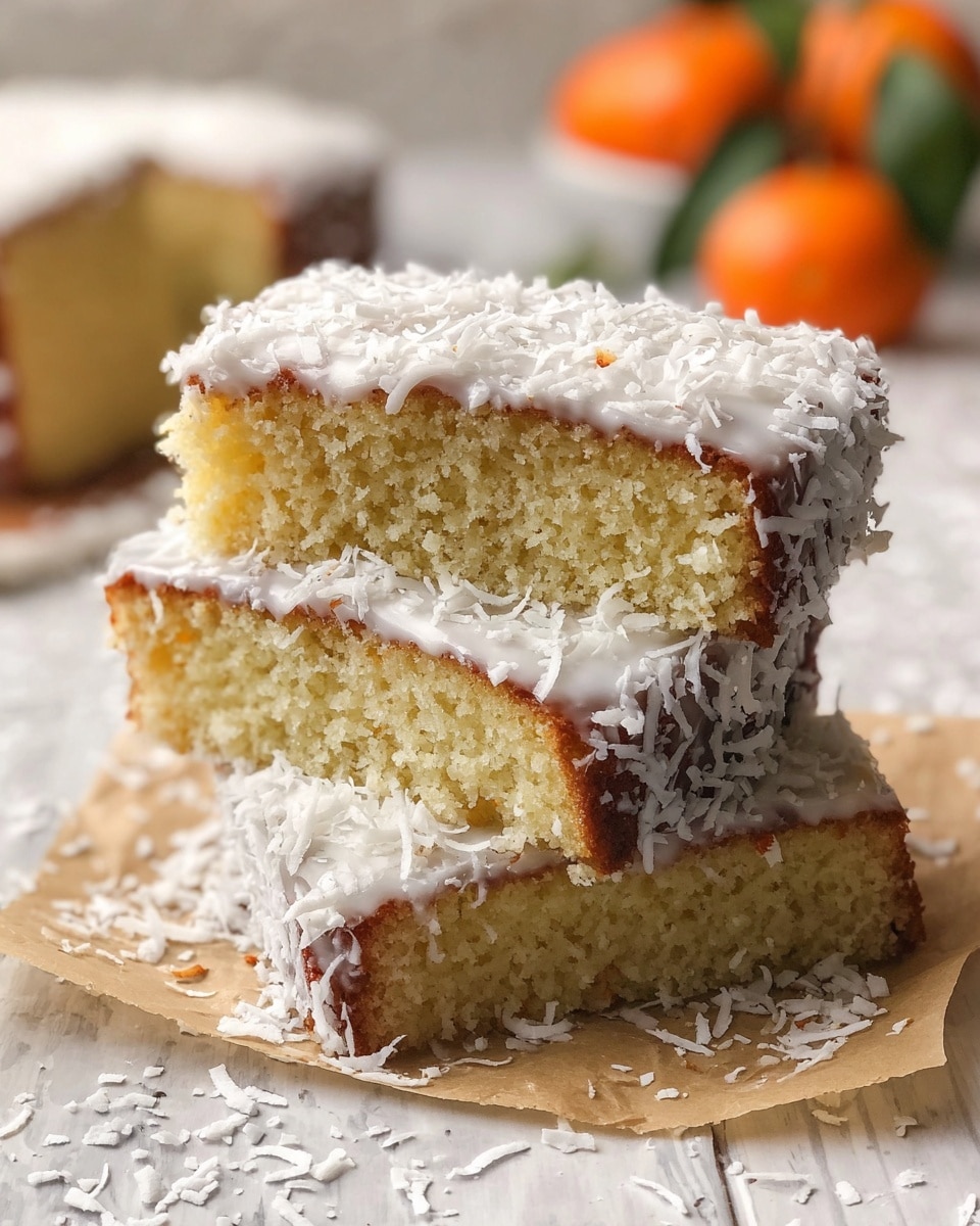 The image shows three slices of yellow cake stacked loosely on top of each other on a piece of parchment paper. Each slice is coated on the sides with a thin layer of white icing and sprinkled heavily with shredded white coconut, creating a textured, fluffy look around the edges. The cake itself is moist with a soft crumb, and the top slice tilts slightly forward, showing its light brown crust. White shredded coconut flakes are scattered around the cake on a white marbled surface, with some blurred orange fruits in the background adding warmth to the scene. Photo taken with an iphone --ar 4:5 --v 7