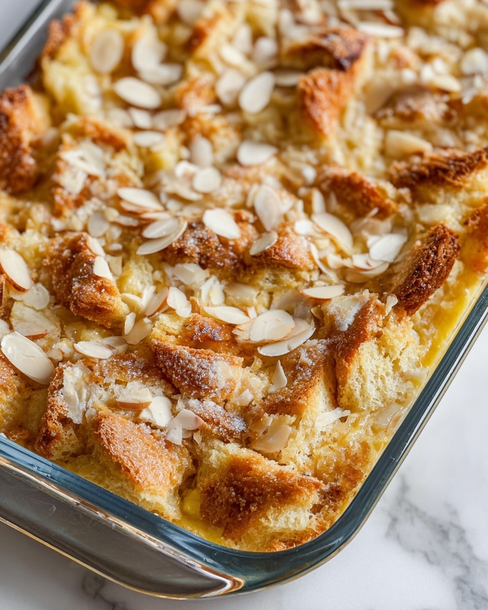 A close-up view of a baked bread pudding in a clear rectangular glass dish, showing multiple torn bread pieces in light golden brown and creamy white colors layered unevenly across the top. Scattered on top are thin, sliced almonds with a tan and brown shade, adding a crunchy texture. The bread looks soft inside but crisp and slightly browned on the outside, with a creamy custard layer slightly visible beneath. The dish sits on a surface with white marbled texture. Photo taken with an iphone --ar 4:5 --v 7