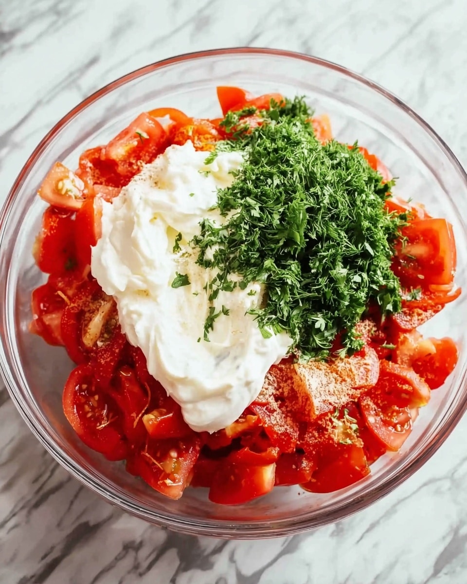 A clear glass bowl sits on a white marbled surface filled with chopped red tomatoes forming the bottom layer. On top of the tomatoes, there is a thick dollop of white creamy sauce, slightly spread but still holding shape. Next to the sauce on one side is a heap of finely chopped fresh green herbs. The colors stand out with bright red, white, and green, and the textures vary from soft tomatoes to creamy sauce and leafy herbs. photo taken with an iphone --ar 4:5 --v 7