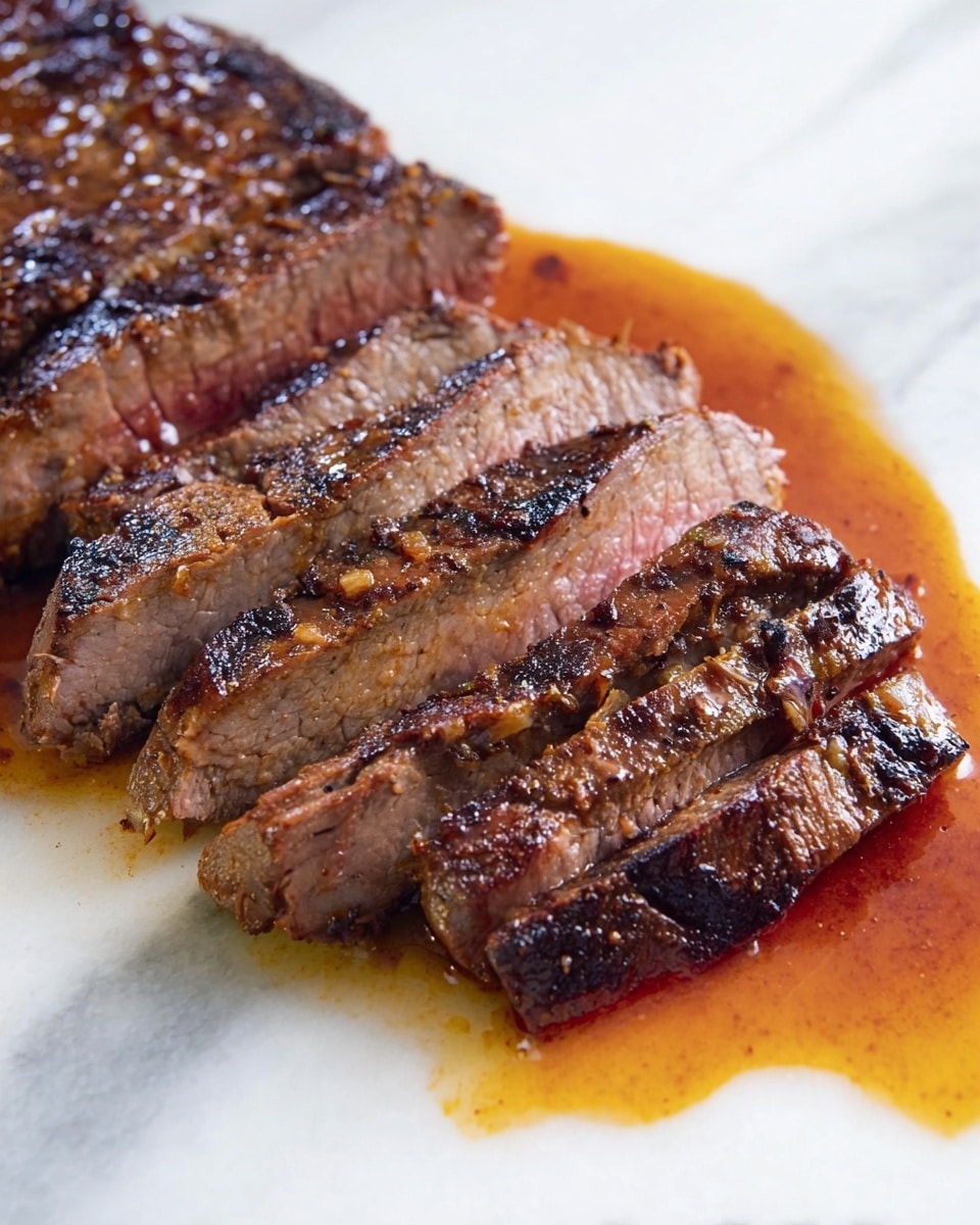 The image shows a piece of cooked meat sliced into several pieces, all laid out on a white surface with a white marbled texture underneath. The meat has a dark brown crust on top with a slightly reddish-brown interior. The texture of the crust appears crispy and slightly charred, while the inside looks tender and juicy. There is a layer of meat fat visible between the crust and the soft inside. A pool of reddish-brown sauce or juice is spread on the surface around the meat, adding moisture and richness to the presentation. The photo taken with an iphone --ar 4:5 --v 7