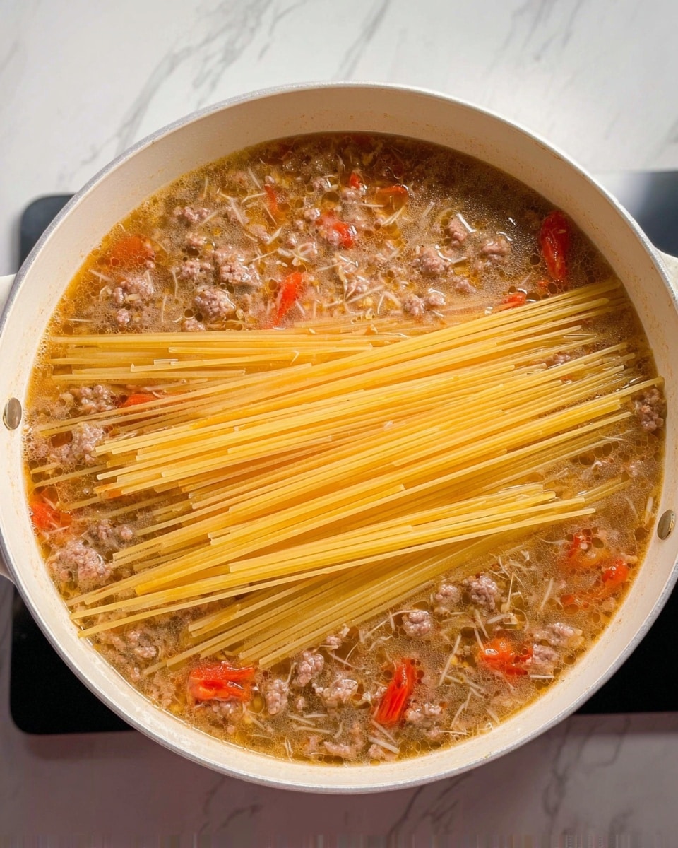 A white pan filled with three layers: the bottom layer is a brownish liquid with small bits of cooked ground meat and some red tomato pieces, the middle layer shows long yellow uncooked spaghetti noodles partially submerged in the liquid, and the top layer is a few more visible spaghetti noodles resting on the liquid. The background is a white marbled texture. Photo taken with an iphone --ar 4:5 --v 7