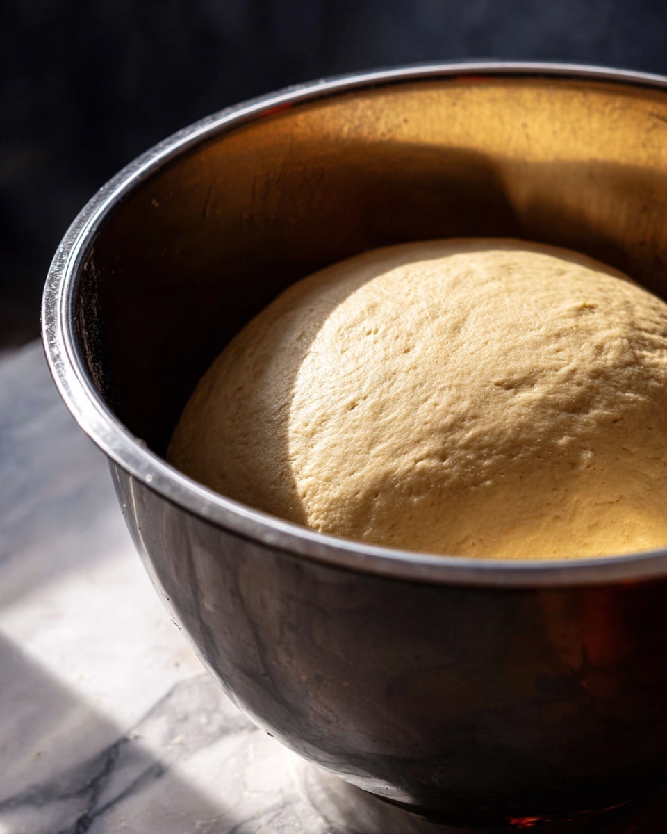 A round ball of dough with a smooth, slightly bumpy light beige surface sits inside a large silver metal mixing bowl. Soft natural light falls unevenly over the dough, creating gentle shadows on its curved top. The bowl has a shiny metallic texture that reflects faint hints of the surrounding area. The bowl rests on a surface with a white marbled texture, and the background is dark and blurred, putting focus on the dough. photo taken with an iphone --ar 4:5 --v 7