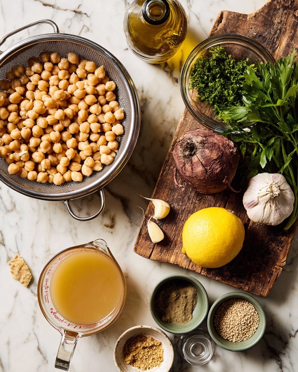 A bright and fresh cooking setup on a white marbled surface shows a silver colander filled with round, light brown chickpeas on the left side. To the upper right, a rustic wooden board holds a small clear glass bowl with fresh green parsley leaves, a rough-textured, dark reddish-brown beet, and a shiny yellow lemon. Near the beet and lemon is a whole garlic bulb with some peeled cloves scattered nearby. Below the wooden board, a clear glass measuring cup filled with golden broth or liquid sits beside small white and dark green bowls containing light brown and green powdered spices, and a darker green bowl with pale sesame seeds. A clear glass bottle with golden olive oil is partially visible on the top left part of the board. The scene is well-lit, showing the natural textures and colors of all items. Photo taken with an iphone --ar 4:5 --v 7