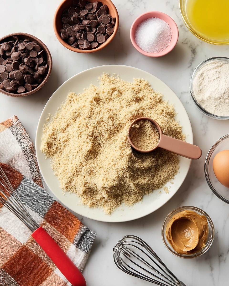 A white plate holds a large, rough-textured pile of fine, pale beige crumbs, with a matching beige measuring cup partially buried inside the crumbs. Surrounding the plate on a white marbled surface are various small bowls and measuring spoons: a brown cup filled with dark round chocolate pieces, a pink cup with light to medium brown sugar, a glass bowl with yellow melted butter, and a clear bowl with white powder. There is a single brown egg and a small glass bowl of light tan nut butter with a smooth, creamy texture. Three nested metal measuring spoons and a red whisk rest nearby, and a folded orange, white, gray, and black checkered cloth is positioned at the corner. photo taken with an iphone --ar 4:5 --v 7