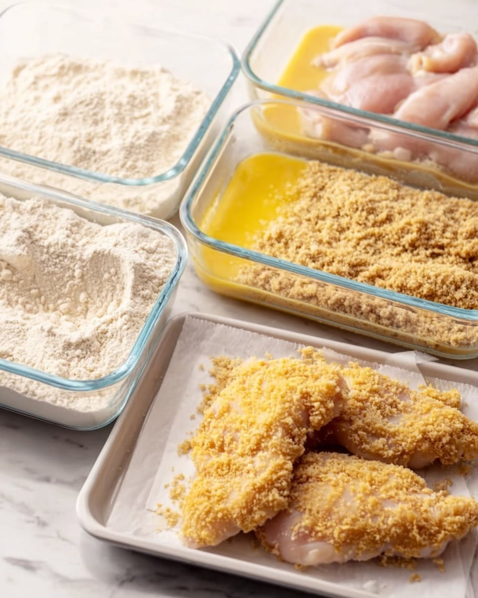 The image shows a step-by-step breading process of chicken pieces. There are three clear glass containers lined up, each with a different layer: the first one is filled with white flour where a pale pink raw chicken piece rests, the second has a yellow egg wash with another chicken piece dipped inside, and the third is packed with golden brown breadcrumbs with a chicken piece covered in crumbs lying in it. In front of these containers is a white tray with two golden brown, fully breaded chicken pieces resting on white parchment paper. The whole setup is on a white marbled texture surface. Photo taken with an iphone --ar 4:5 --v 7