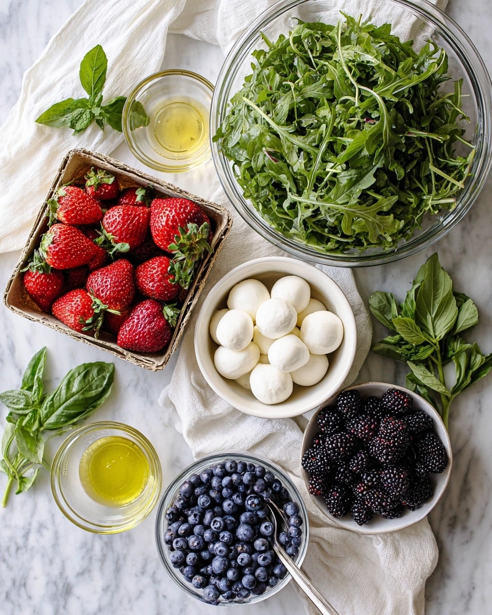 A top-down view shows a collection of fresh ingredients arranged on a white marbled surface. In the top right is a large clear glass bowl filled with bright green arugula leaves. Below it, a small white bowl holds creamy white mozzarella balls. Next to it, a similar-sized white bowl contains dark purple blackberries with a textured surface. In the middle left, a rustic cardboard basket is full of red strawberries, each with green leaves on top. Below that basket, a clear glass measuring cup contains small, round blueberries with a dusty blue tone, and next to it is a glass cup with a light yellow oil and a silver fork inside. Fresh green basil leaves and mint sprigs are arranged to the left side. The whole setup is bright with natural light and sits on soft white cloth pieces. Photo taken with an iphone --ar 4:5 --v 7