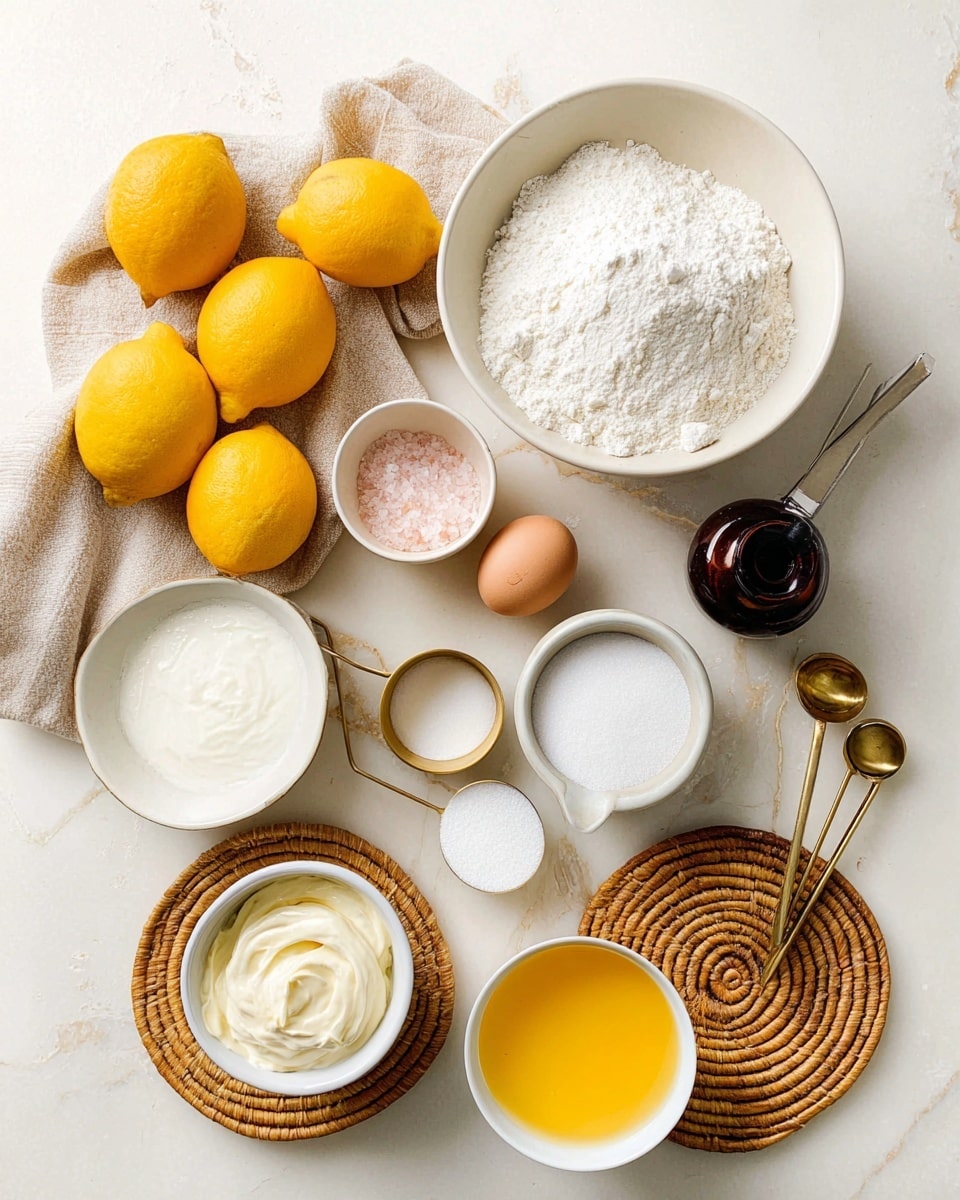 The image shows a collection of baking ingredients arranged neatly on a white marbled surface. On the top left, there are five bright yellow lemons, with two brown eggs resting on a beige cloth nearby. Next to the lemons, a small white bowl contains a bit of white powder, and below it, another small white bowl holds pink salt. A large white bowl filled with white flour is positioned at the top right. Near the flour, there is a small dark brown bottle and a set of gold measuring spoons resting beside it. In the center bottom area, a white bowl holds a creamy white substance, possibly cream cheese or butter. To the bottom right, a white bowl with sugar is present, close to a white bowl with a yellow liquid, potentially melted butter or egg yolk, placed on round woven mats. A small mustard yellow bowl with a white liquid, likely milk, is at the bottom left area. The overall setup is clean and bright, with natural light highlighting the textures and colors of the ingredients. photo taken with an iphone --ar 4:5 --v 7