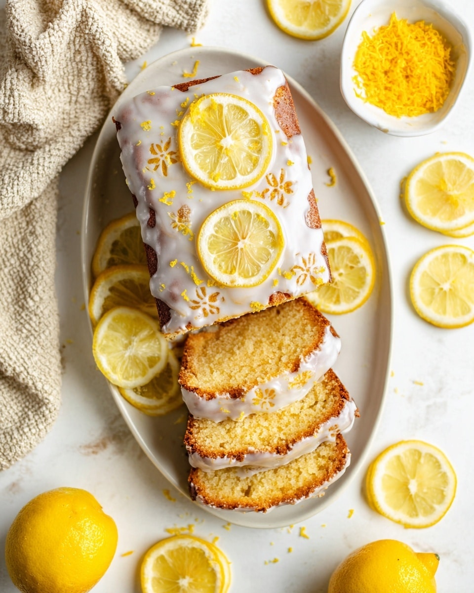 A white plate holds a lemon cake decorated with a white glaze that covers the top and drips slightly on the sides. The glaze has detailed lemon-shaped patterns and small flower shapes, all lightly sprinkled with yellow lemon zest. Three yellow lemon slices sit behind the cake on the plate, while the slices of the cake reveal a soft, yellow inside texture. Around the plate are whole bright yellow lemons and extra lemon slices, placed on a white marbled surface. A beige textured cloth is partially visible on the left side, and a small white bowl with more yellow lemon zest is on the top right. Photo taken with an iphone --ar 4:5 --v 7