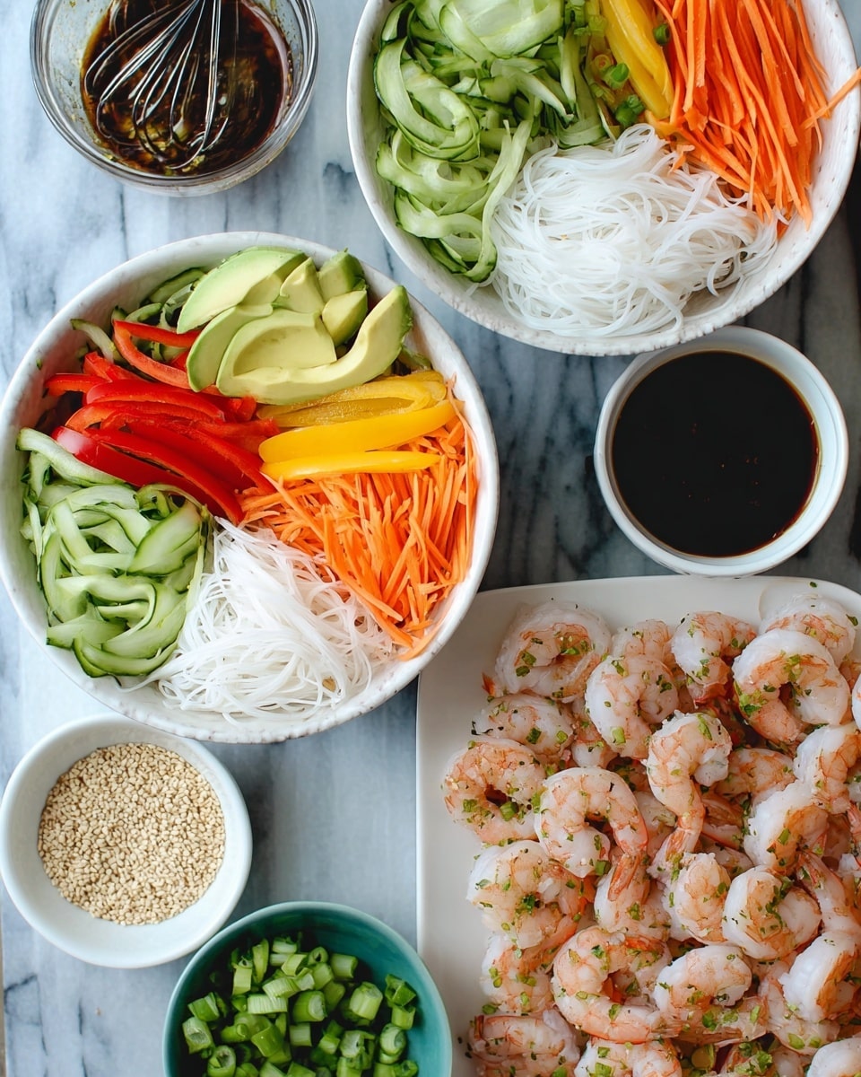 Two white bowls each contain five layers arranged side by side: sliced green cucumber on the left, white rice noodles in the middle, thin orange carrot sticks on the right, beige bean sprouts next to cucumber, and slices of red and yellow bell peppers next to carrot sticks. One bowl has sliced avocado near the bottom left. Next to the bowls is a white plate filled with cooked shrimp showing a light pink color with some darker spots from cooking, arranged loosely. Around the dishes are small bowls with sesame seeds, chopped green onions, and a dark sauce with a whisk. The background is a white marbled texture. photo taken with an iphone --ar 4:5 --v 7