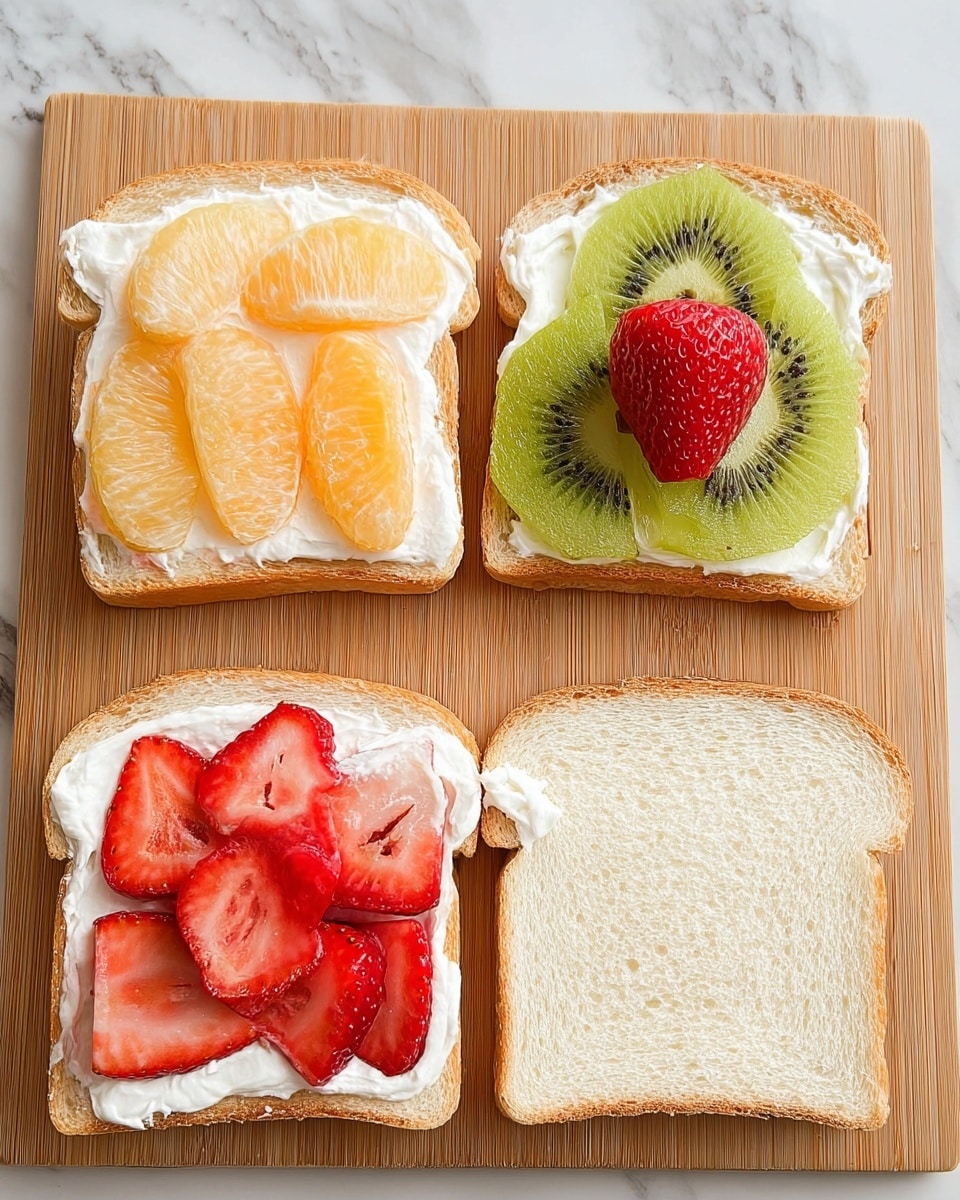 The image shows four slices of white bread on a light brown wooden board with a white marbled surface underneath. The two slices on the left have a layer of white cream spread on top, with fresh fruit placed on the cream. The top left slice is decorated with four pieces of fruit: three pale yellow-orange segments arranged in an arc at the top, a green kiwi slice on the bottom left, a green round slice on the bottom right, and a red strawberry half placed in the center. The bottom left slice has five red strawberry pieces, cut in quarters and placed closely together on the cream. The two slices on the right side are plain and without any spread or fruit. The photo taken with an iphone --ar 4:5 --v 7