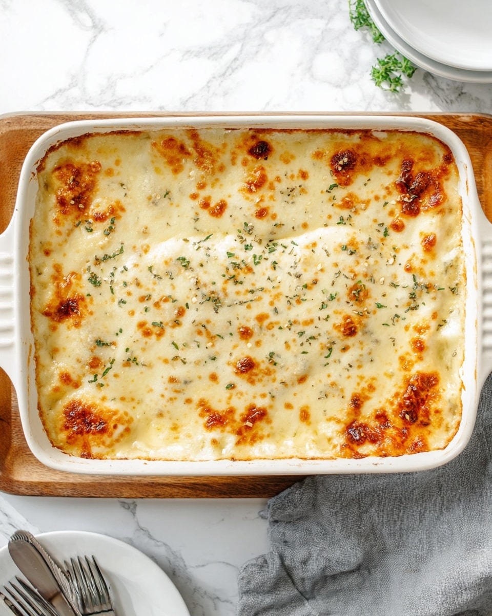 This image shows a baked dish in a white rectangular ceramic baking dish sitting on a wooden board over a white marbled surface. The dish has one visible creamy, bubbling top layer of browned melted cheese with golden spots and herbs sprinkled across the surface. The texture looks smooth and slightly browned around the edges, indicating it was baked to a light crisp. There are no visible layers beneath the cheese from this top-down view. A grey cloth is placed to the right side of the baking dish, and part of a white plate and silver fork are visible at the bottom left corner. photo taken with an iphone --ar 4:5 --v 7