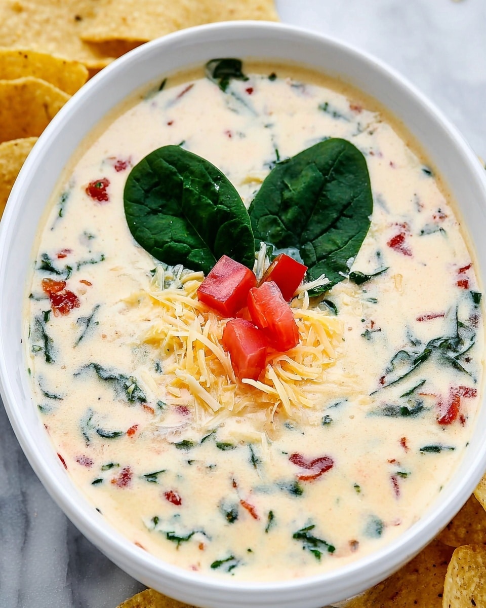 A white oval bowl holds a thick creamy cheese soup base filled with small green spinach pieces and chopped red tomatoes spread evenly throughout. The soup is topped in the center with two fresh, dark green spinach leaves, small cubes of bright red tomato, and a small pile of light yellow shredded cheese. The bowl is placed on a white marbled surface with tortilla chips around it. Photo taken with an iphone --ar 4:5 --v 7