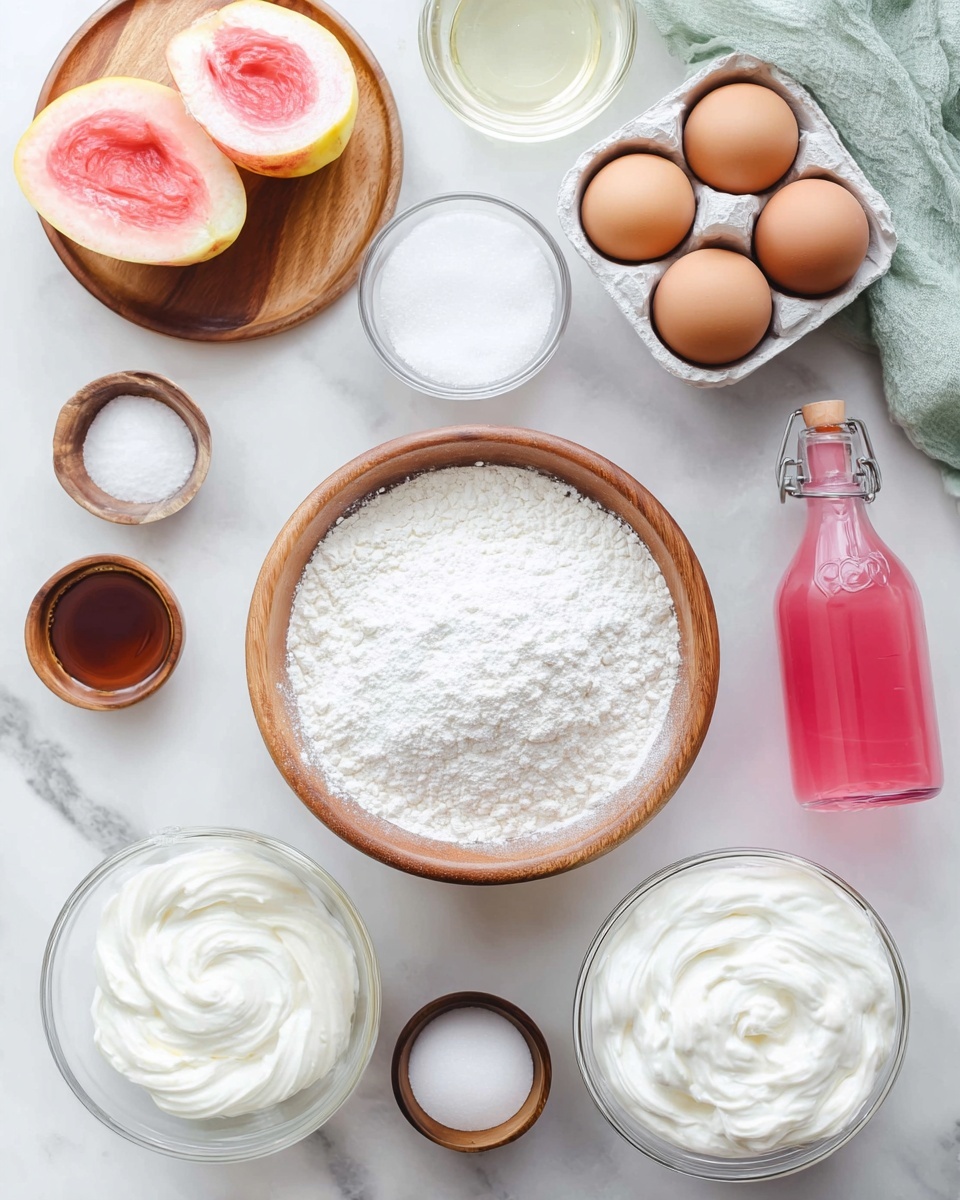 A top-down view shows different ingredients placed neatly on a white marbled surface. In the center, a wooden bowl is filled with white flour with a rough texture. To the upper right, a white egg carton holds three light brown eggs resting on a soft green cloth. Above the bowl of flour, there are two halves of a pink and yellow fruit with a shiny, smooth surface on a round cutting board. To the left of the flour bowl, a small white bowl contains thick white cream with smooth swirls on top. Near the bottom right, a large clear glass bowl is filled with fluffy white whipped cream. Surrounding these are small wooden bowls containing white sugar and white powder, a clear glass filled with water, a white dish holding light brown vanilla extract, and a glass bottle with bright pink liquid and a metal clasp. The whole scene is bright and clean, with soft natural light. Photo taken with an iphone --ar 4:5 --v 7