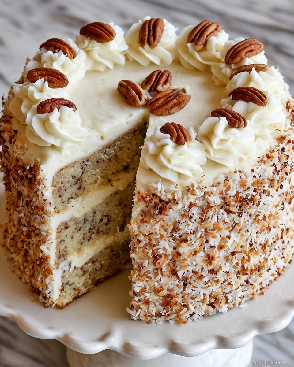 A tall slice of cake is shown on a white cake stand with a white marbled surface beneath. The cake has three layers covered fully with white frosting on the top and sides. The sides are decorated with a thick coat of toasted coconut flakes, golden brown and lightly crispy in texture. The layers inside look soft and moist, matching the white frosting between them. There is also a cake cutter lifting the slice, allowing a view of the thick roasted coconut sprinkled all around. photo taken with an iphone --ar 4:5 --v 7
