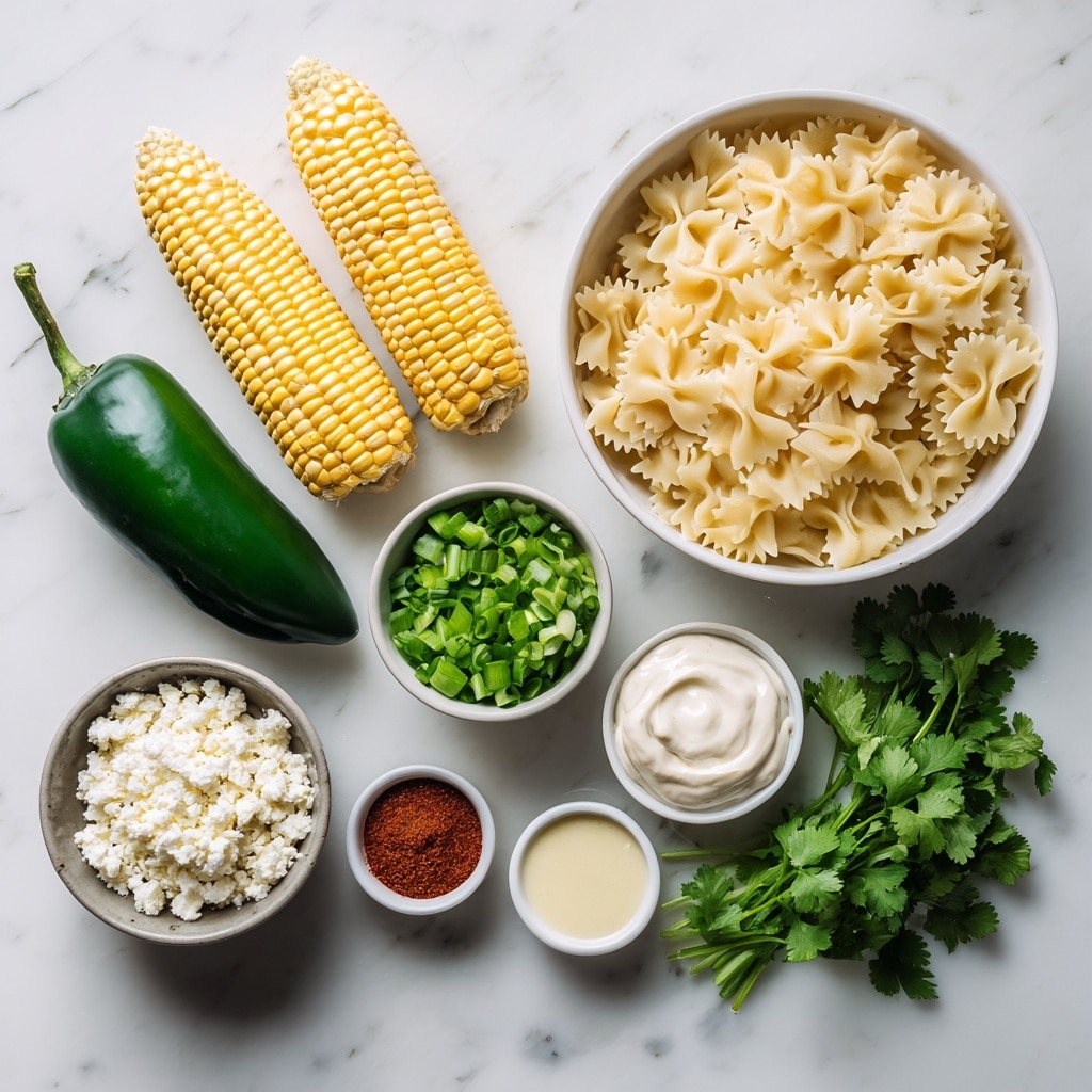 The image shows fresh ingredients arranged on a white marbled surface. At the top right, there is a white bowl filled with uncooked farfalle pasta, pale yellow and shaped like small butterflies. To the left of the bowl are three ears of yellow and white corn. Below the corn, there is a whole green jalapeno pepper. Next to the jalapeno, a small white bowl contains bright green chopped green onions. Close by, another small white bowl holds crumbly white cotija cheese. To the right of the cheese, a bundle of fresh cilantro with green leaves lays loosely on the surface. On the bottom right, a gray bowl contains a creamy white mayo sauce. Below this bowl, three small white dishes hold lime juice (light yellow liquid), paprika (reddish powder), and chili powder (dark reddish-brown powder) from left to right. photo taken with an iphone --ar 4:5 --v 7