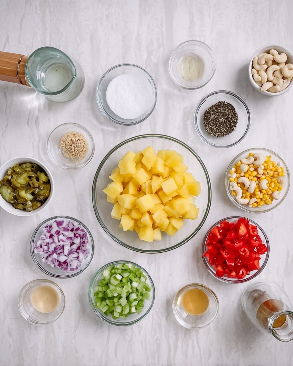 This image shows eleven small dishes with different ingredients arranged in a circle on a white marbled surface. In the middle, there is a large clear glass bowl with bright yellow cubed potatoes. Around it, starting from the top middle and moving clockwise, there is a clear bowl with white salt, a white bowl with black pepper, a clear bowl with sliced green celery, a clear bowl with chopped purple and white onions, a clear bowl with yellow corn kernels, a small clear bowl with light brown liquid, a small clear bowl with a light creamy liquid, a clear bowl filled with white cashew nuts, a glass jug with water and a wooden handle, a white bowl with chopped green pickles, and a clear bowl with chopped red tomatoes. The colors vary with bright green, red, yellow, purple, and white. The photo taken with an iphone --ar 4:5 --v 7