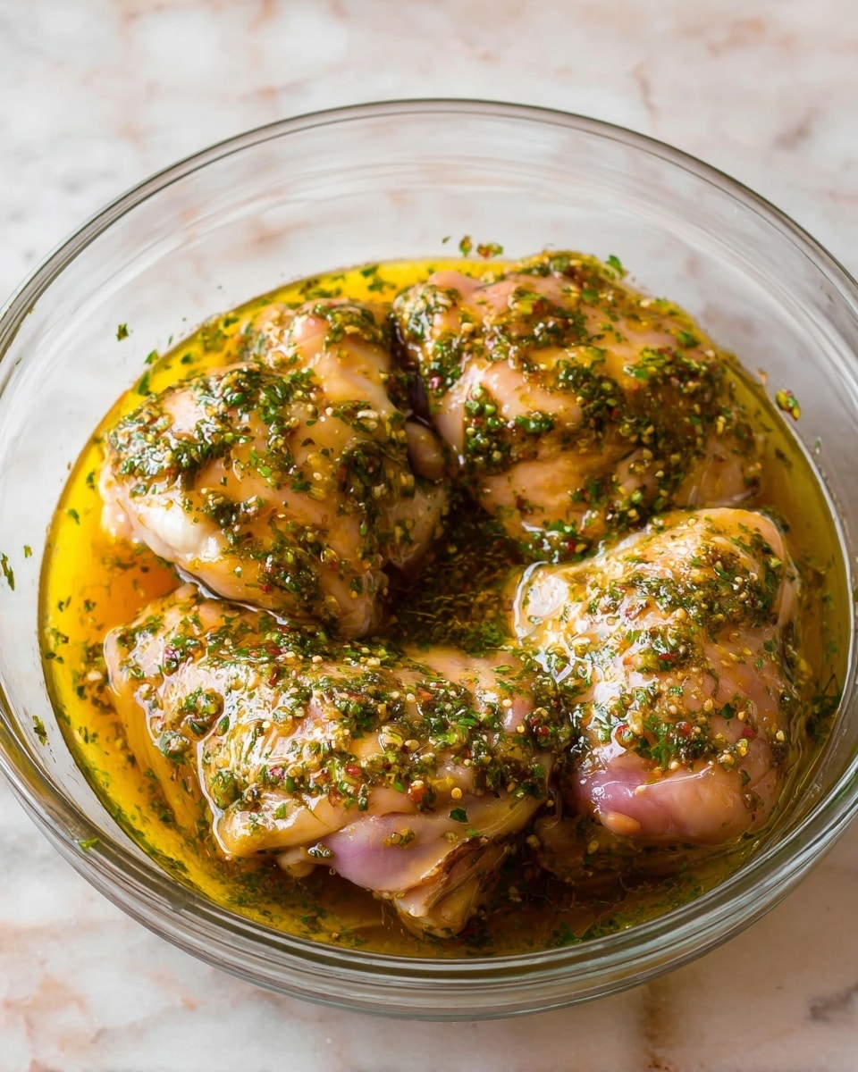 A clear glass bowl contains four pieces of raw chicken thighs covered in a shiny, yellowish marinade mixed with chopped green herbs and small bits of seasoning. The chicken pieces have a pale pink color with some yellow parts and are evenly coated with the sauce that pools at the bottom of the bowl. The herbs give a speckled green texture over the chicken surfaces. The bowl is placed on a white marbled surface, showing a clean and fresh setting. photo taken with an iphone --ar 4:5 --v 7