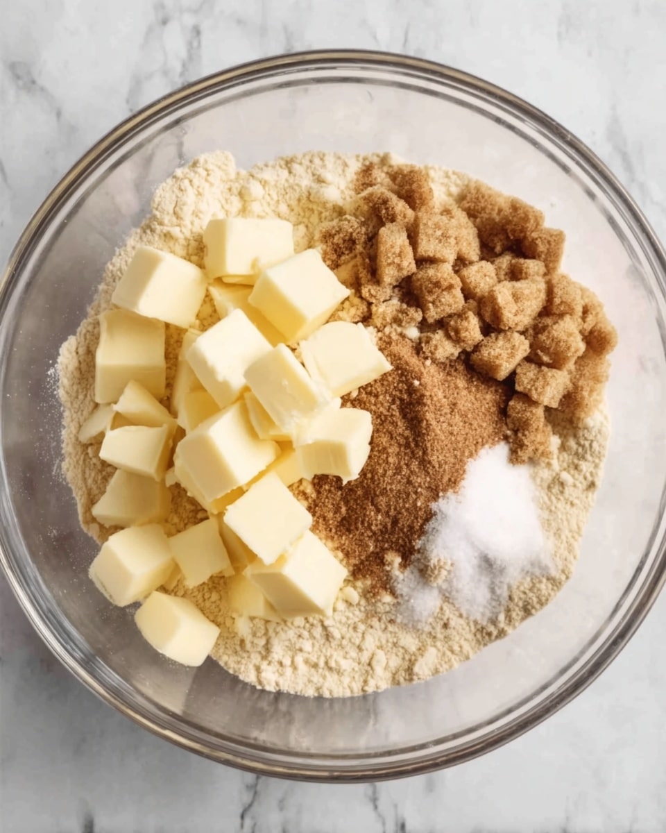A clear glass bowl is filled with layers of ingredients. The bottom layer is a light beige flour spread evenly. On top of the flour, there’s a mix of light yellow cubes of butter on the left side, brown sugar forming a rough mound on the right, some cinnamon or similar brown spice near the sugar, and a small white pile of salt slightly above the sugar and spice near the center. The bowl sits on a white marbled surface. photo taken with an iphone --ar 4:5 --v 7