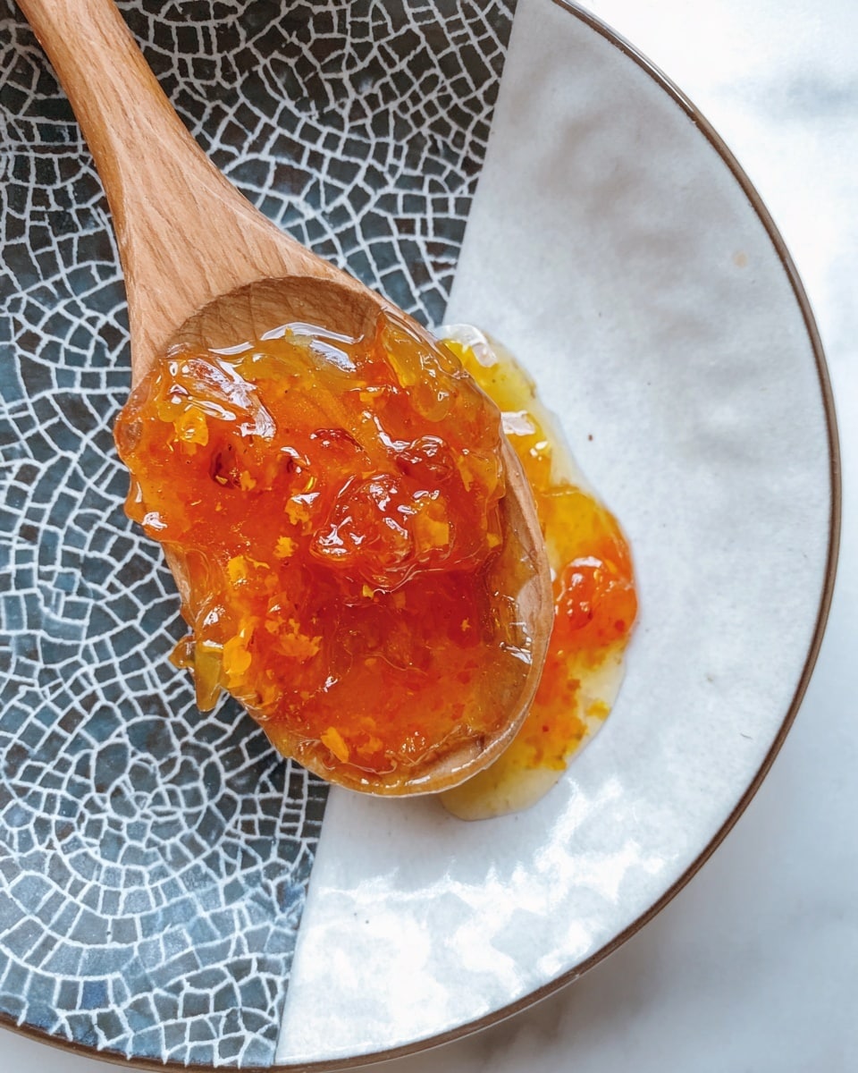 The image shows a wooden spoon holding a shiny, thick orange jelly with visible bits of fruit or peel, resting on a white plate decorated with a dark gray mosaic pattern. The jelly looks sticky and glistening, with a mix of translucent orange and amber colors. The plate has a smooth texture and is placed on a white marbled surface. Photo taken with an iphone --ar 4:5 --v 7