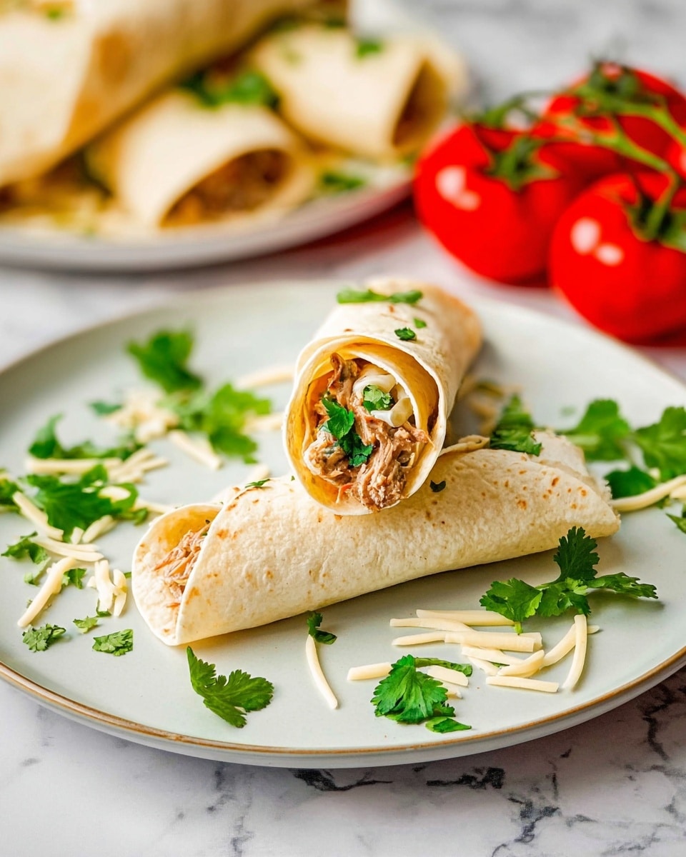 The image shows two soft tortillas on a white plate, one lying flat and the other rolled and placed on top, revealing a filling of light brown meat mixed with green herbs and small strips of white cheese. Around the tortillas, there are scattered fresh green cilantro leaves and thin cheese shreds. In the background, more rolled tortillas rest on the white marbled surface, alongside bright red cherry tomatoes still attached to their green stems, adding a pop of color to the setting. Photo taken with an iphone --ar 4:5 --v 7