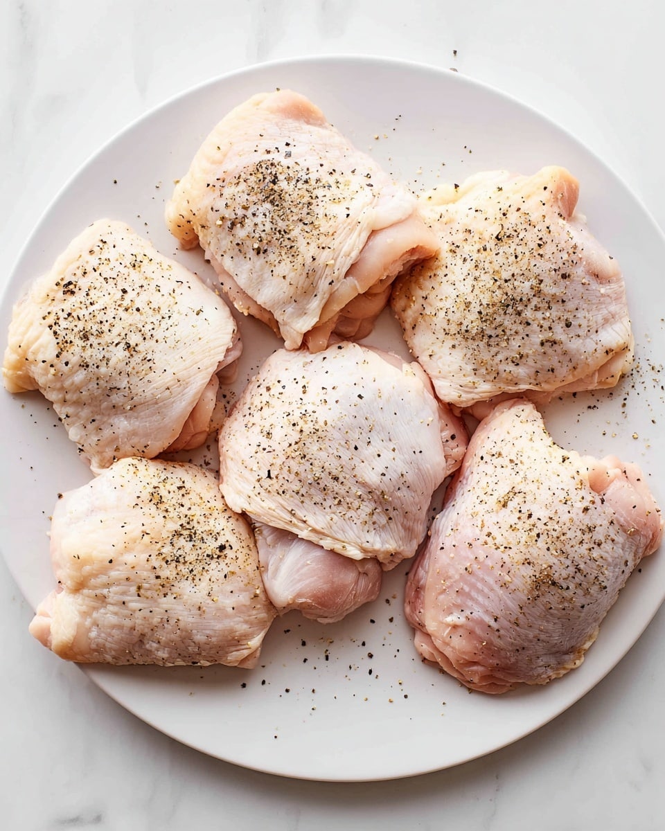 Five pieces of raw chicken thighs with pale pink skin are spread on a white plate, each piece sprinkled evenly with coarse black pepper, giving a speckled appearance. The chicken pieces vary in size and shape, showing soft textures with slight folds and smooth surface. The white plate rests on a white marbled surface, creating a clean, simple look. Photo taken with an iphone --ar 4:5 --v 7