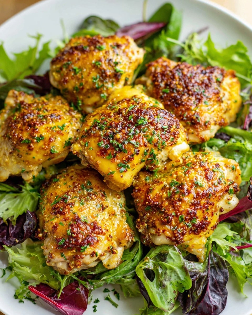 The image shows a white plate with a bed of fresh green and purple leafy salad as the first layer. On top, there are six pieces of golden-baked chicken thighs arranged in a close cluster, each with a shiny, slightly crispy skin coated with a grainy mustard sauce and sprinkled with finely chopped green herbs. The chicken pieces have a rich yellow and brown color with some darker charred spots. The leaves underneath have a mix of smooth and textured surfaces with red stems visible on some. The overall look is bright, fresh, and appetizing. photo taken with an iphone --ar 4:5 --v 7
