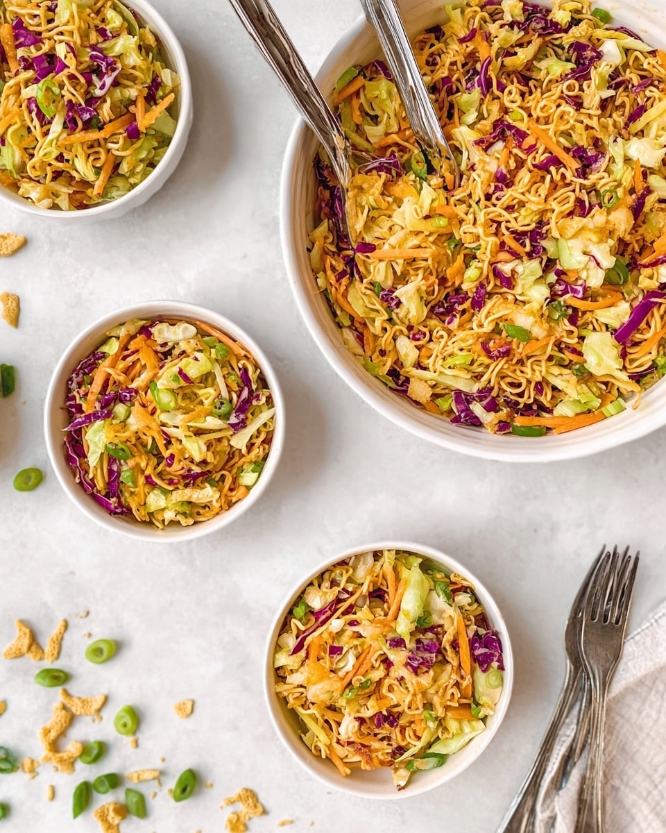 The image shows a colorful salad served in three small white bowls and one large white bowl. The salad has three main layers mixed together: orange shredded carrots, light green cabbage pieces, and purple cabbage pieces, with some golden crunchy noodle bits scattered throughout. The large bowl is in the top right corner, filled fully with the same salad and a pair of silver tongs resting on top. The three smaller bowls are placed below and to the left of the large bowl on a white marbled surface, with some broken noodle pieces and green onion slices scattered around. Three silver forks lay next to one of the small bowls at the bottom right. The colors are very bright and fresh, and the textures show a mix of crunchy, soft, and crisp elements. Photo taken with an iphone --ar 4:5 --v 7