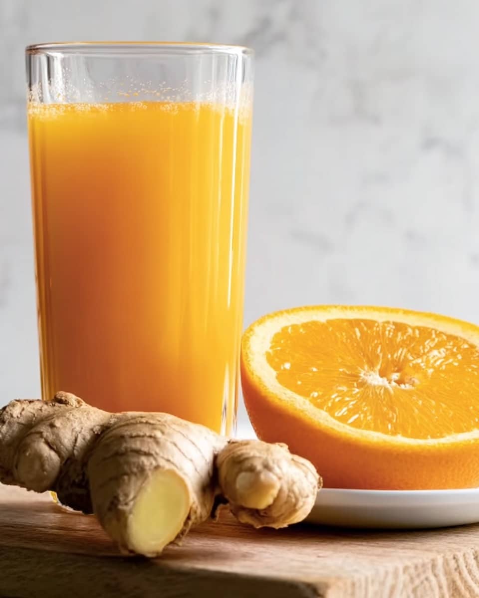 The image shows a tall clear glass filled with bright orange juice placed on a wooden surface. In front of the glass, there is a piece of fresh ginger root with a light brown, rough skin and knobby texture, resting on the wood. To the right, a white plate holds a thick slice of vibrant orange with visible flesh and juicy segments. The background features a white marbled texture, creating a clean and fresh look. Photo taken with an iphone --ar 4:5 --v 7