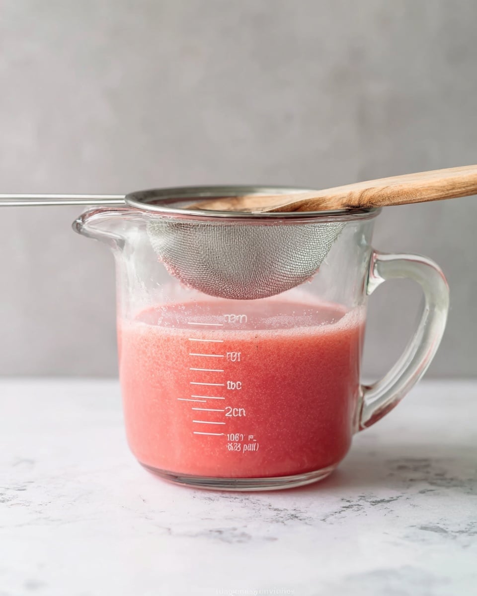 A clear glass measuring cup filled with a thick, pink liquid that reaches nearly the top, just below the 4 cups mark. Resting on top of the cup is a metal fine mesh strainer holding some of the pink mixture. A wooden spoon is inside the measuring cup, slightly visible through the strainer. The scene has a soft, light look with a white marbled surface underneath and a blurred grey background. Photo taken with an iphone --ar 4:5 --v 7