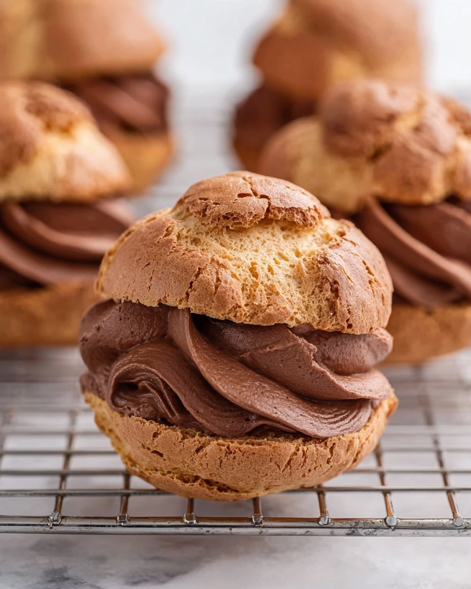 This image shows a chocolate cream puff with two main layers: the top and bottom are light brown, rough-textured pastry shells that have cracks and a firm crust, and the center layer is thick, smooth, dark brown chocolate cream that is swirled generously between the shells. The cream puff is sitting on a metal cooling rack, set against a white marbled background, with more chocolate cream puffs blurred in the background. photo taken with an iphone --ar 4:5 --v 7