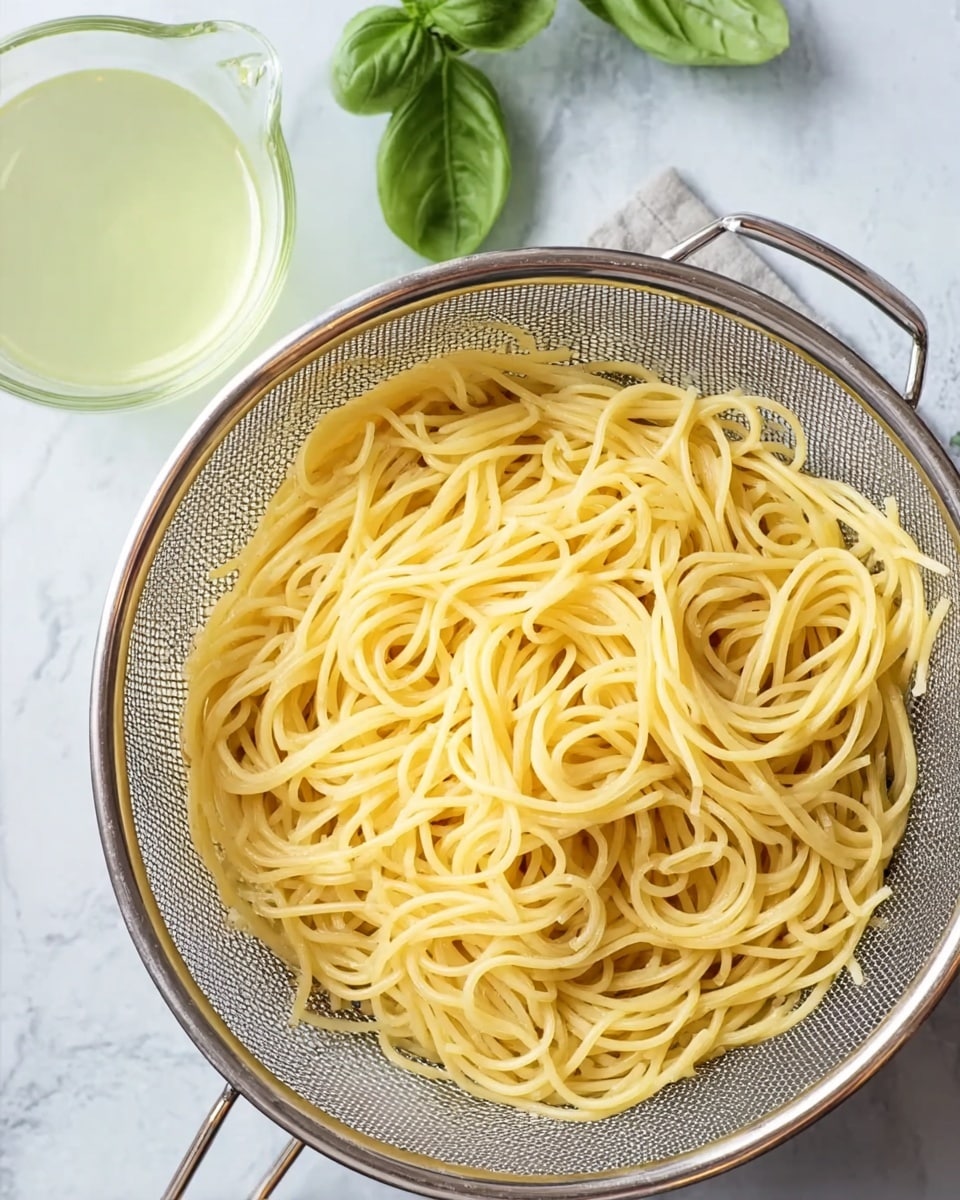 The image shows cooked yellow spaghetti noodles placed inside a silver metal strainer with a mesh texture, held over a white marbled surface. Next to the strainer, on the left, there is a clear glass measuring cup filled with a pale yellow liquid. In the top left corner, fresh green basil leaves add a touch of color. The arrangement highlights the noodles' smooth texture and the shiny metal strainer against the soft white marbled background. Photo taken with an iphone --ar 4:5 --v 7