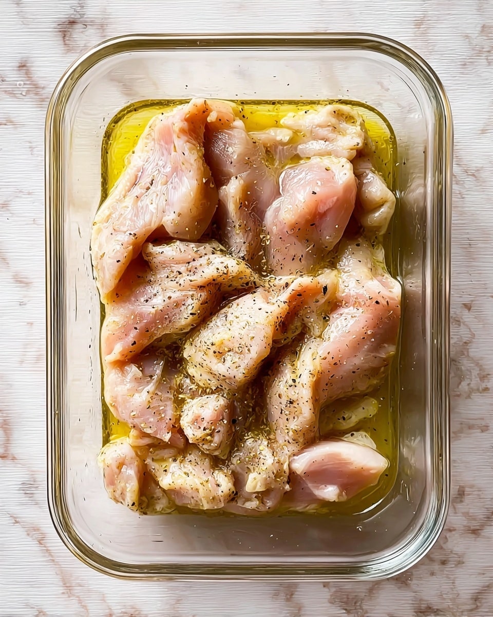 The image shows a clear rectangular glass container filled with several raw chicken pieces marinated in a light yellow oily mixture with black pepper sprinkled on them. The chicken pieces vary in size and are layered loosely inside the container, some slightly overlapping each other. The background is a white marbled texture. photo taken with an iphone --ar 4:5 --v 7