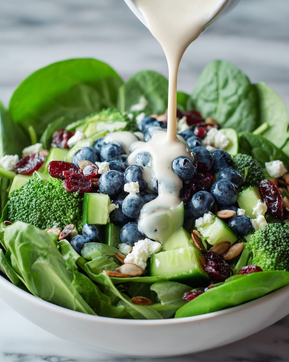 A fresh salad is shown in a white bowl set on a white marbled surface. The bottom layer is made of large, dark green spinach leaves and small broccoli florets. On top of this are light green cucumber chunks and bright blue blueberries scattered around. Dark red dried cranberries and small white crumbles of cheese add color contrast, along with light brown sunflower seeds sprinkled across the salad. A creamy white dressing is being poured over the salad from above, creating a smooth texture that covers some of the blueberries and cucumber pieces. The photo taken with an iphone --ar 4:5 --v 7
