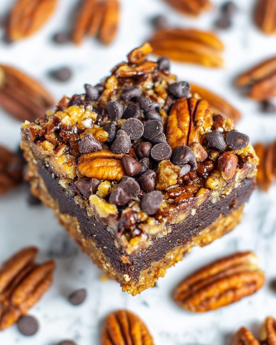 The image shows a single square bar with three visible layers. The bottom layer is dense and dark brown with a slightly crumbly texture. The middle layer has a mix of chopped pecans that are golden brown and glossy melted chocolate chips scattered evenly. The top layer also includes more whole and halved pecans, chocolate chips, and some small bits that look crispy and crunchy, all packed tightly together. The bar sits on a white marbled surface, surrounded by scattered pecan halves in soft focus, creating a warm and tempting look. photo taken with an iphone --ar 4:5 --v 7