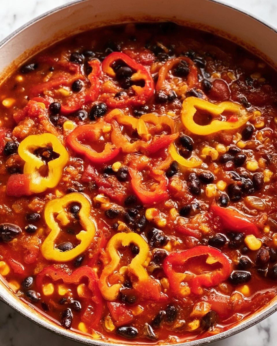 This image shows a close-up of a pot filled with a vibrant chili or stew. The dish has three main layers: the top layer has slices of red and yellow bell peppers with a smooth, shiny texture floating on the surface. The middle layer is a thick red sauce mixed with black beans and sweetcorn, giving a contrast of black and bright yellow colors against the red sauce. The bottom layer appears to be a mix of diced tomatoes and other vegetables, partly submerged in the sauce, adding more red and orange color tones. The pot is white and sits on a white marbled surface. The lighting highlights the glossy, wet texture of the dish, making it look fresh and warm. photo taken with an iphone --ar 4:5 --v 7