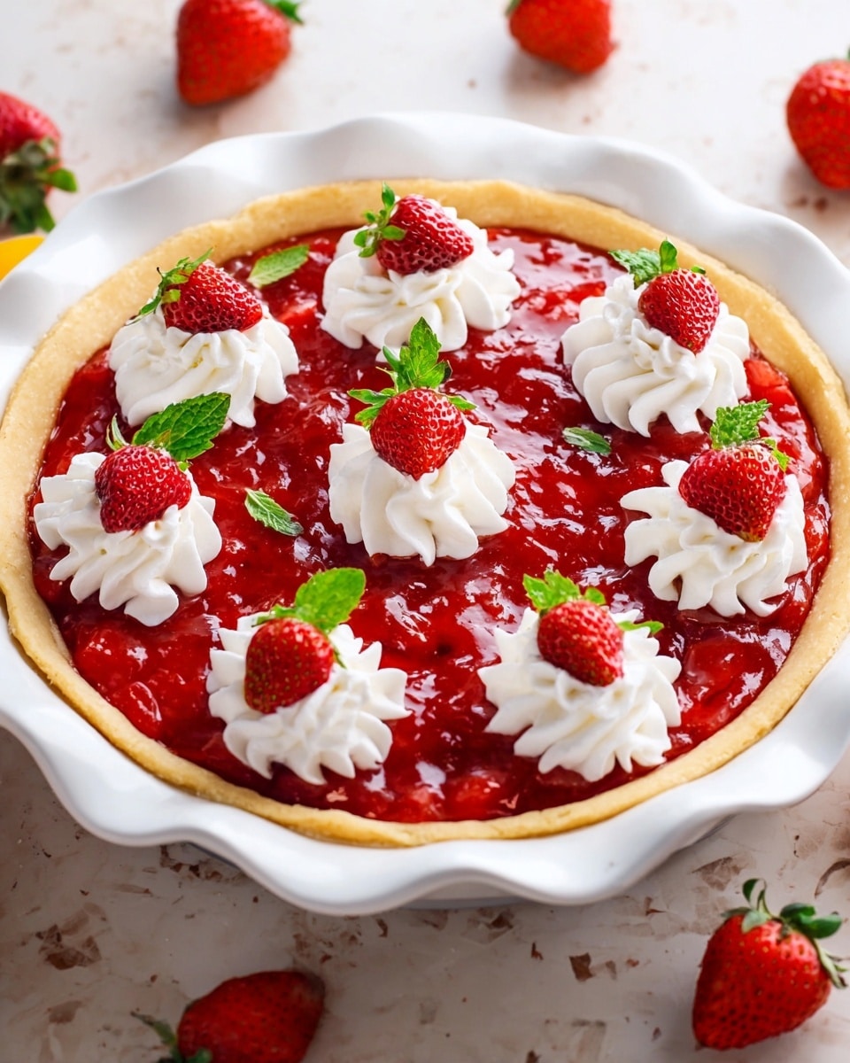 A dessert pie is shown with three main layers; the bottom layer is a light tan pie crust with a slightly smooth edge, the middle layer is a bright red, glossy and chunky strawberry jam filling spread evenly, and the top layer includes eight evenly spaced white whipped cream dollops with a ridged texture, each topped with a half fresh strawberry showing their red interior and green tops. Small fresh green mint leaves are scattered over the strawberry jam. The pie is in a white pie dish with wave-shaped edges. The background is a white marbled surface with scattered fresh strawberries. Photo taken with an iphone --ar 4:5 --v 7