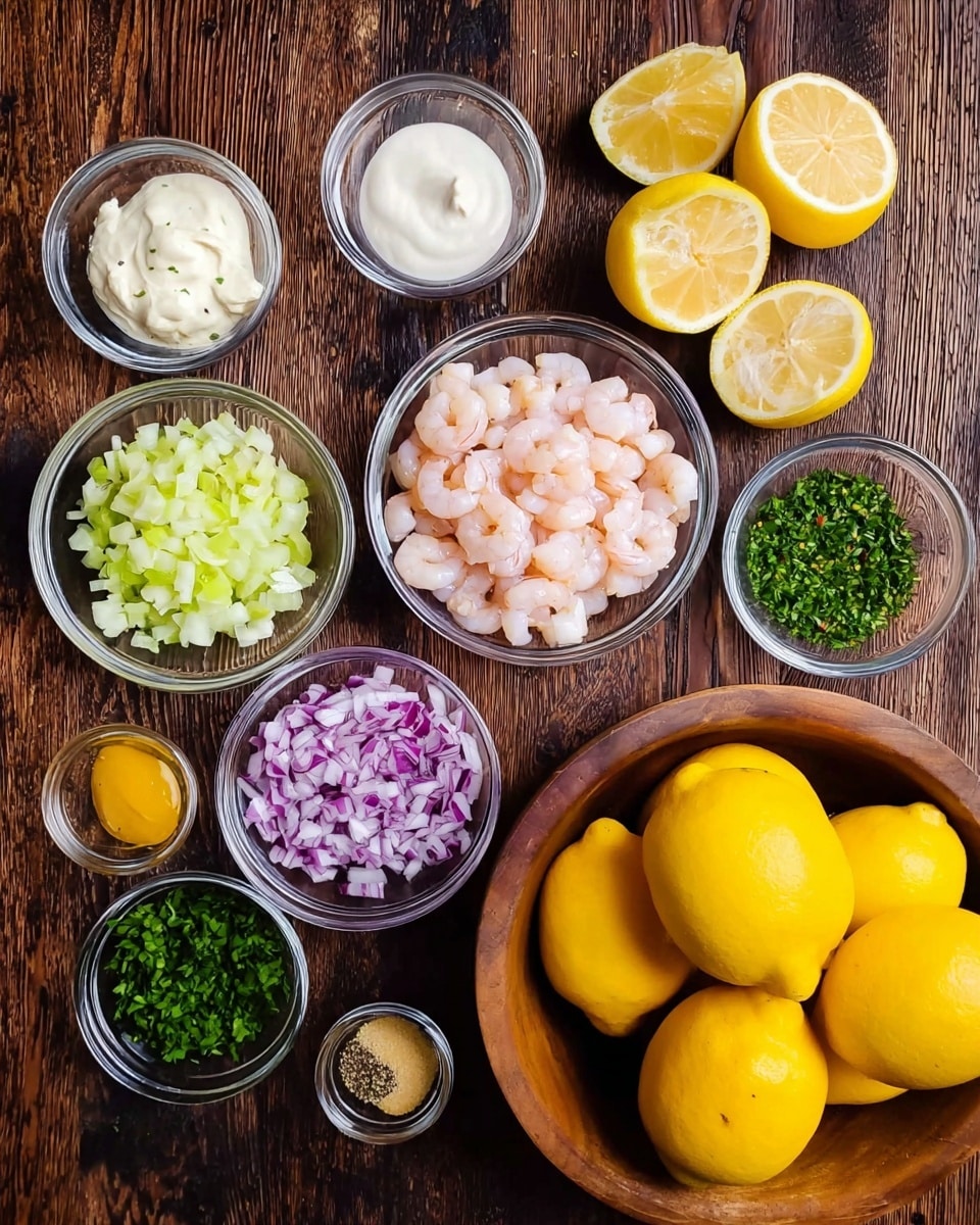 A wooden bowl on the right holds bright yellow whole lemons. Around the bowl are several small clear glass bowls arranged on a dark wooden surface replaced by a white marbled texture, each containing an ingredient: pale pink shrimp, finely chopped light green celery, chopped purple onions, creamy white mayonnaise, minced garlic, chopped green herbs, yellow mustard, salt, a clear liquid, and black pepper. There are also two lemon halves showing their yellow flesh placed near the bowls. The ingredients are neatly laid out with clear colors and textures. Photo taken with an iphone --ar 4:5 --v 7