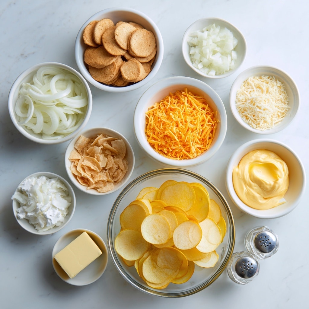 The image shows several white bowls arranged on a white marbled surface, each holding a different ingredient for a recipe. At the center bottom is a large clear glass bowl filled with round yellow slices of yellow squash. Above and around it are smaller white bowls containing chopped white onions, round light brown crackers, finely chopped garlic, bright orange shredded cheese, creamy white sour cream, smooth pale yellow mayo, beaten egg with orange-yellow color, and a stick of butter. There are tiny salt and pepper shakers near the bowls, adding to the ingredients. The layout is clean and organized in a top-down view photo taken with an iphone --ar 4:5 --v 7