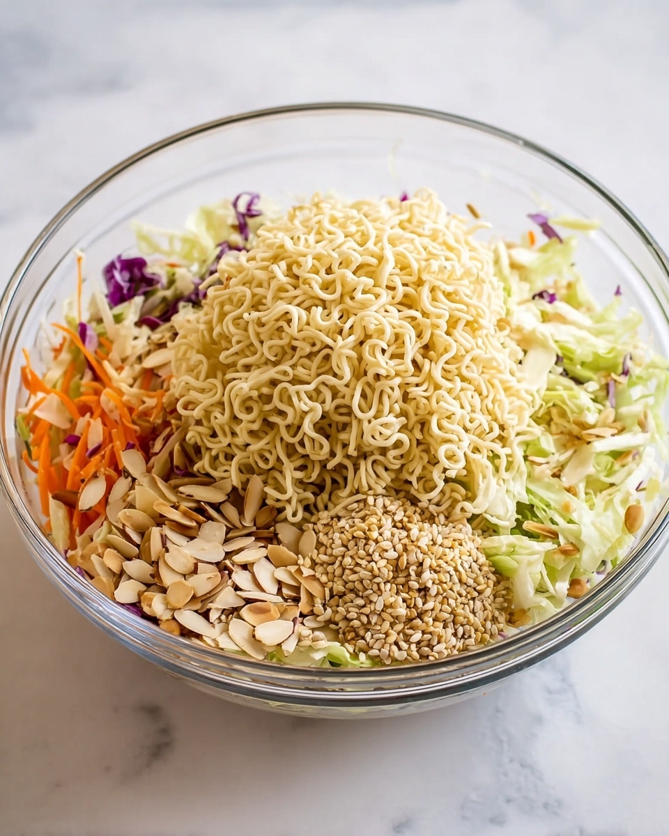 A clear glass bowl contains a layered noodle salad resting on a white marbled surface. The base layer inside the bowl consists of mixed shredded vegetables including pale green cabbage, orange carrot strips, and some purple cabbage, creating a colorful leafy foundation. On top of this, a thick mound of uncooked, curly, pale yellow ramen noodles dominates the center. To the right of the noodles, there is a small pile of light brown sunflower seeds, and on the front left side, thinly sliced almond flakes are scattered, their pale beige color contrasting against the noodles. The overall look is fresh and textured, with the bowl's clear sides showing the layers inside. Photo taken with an iphone --ar 4:5 --v 7