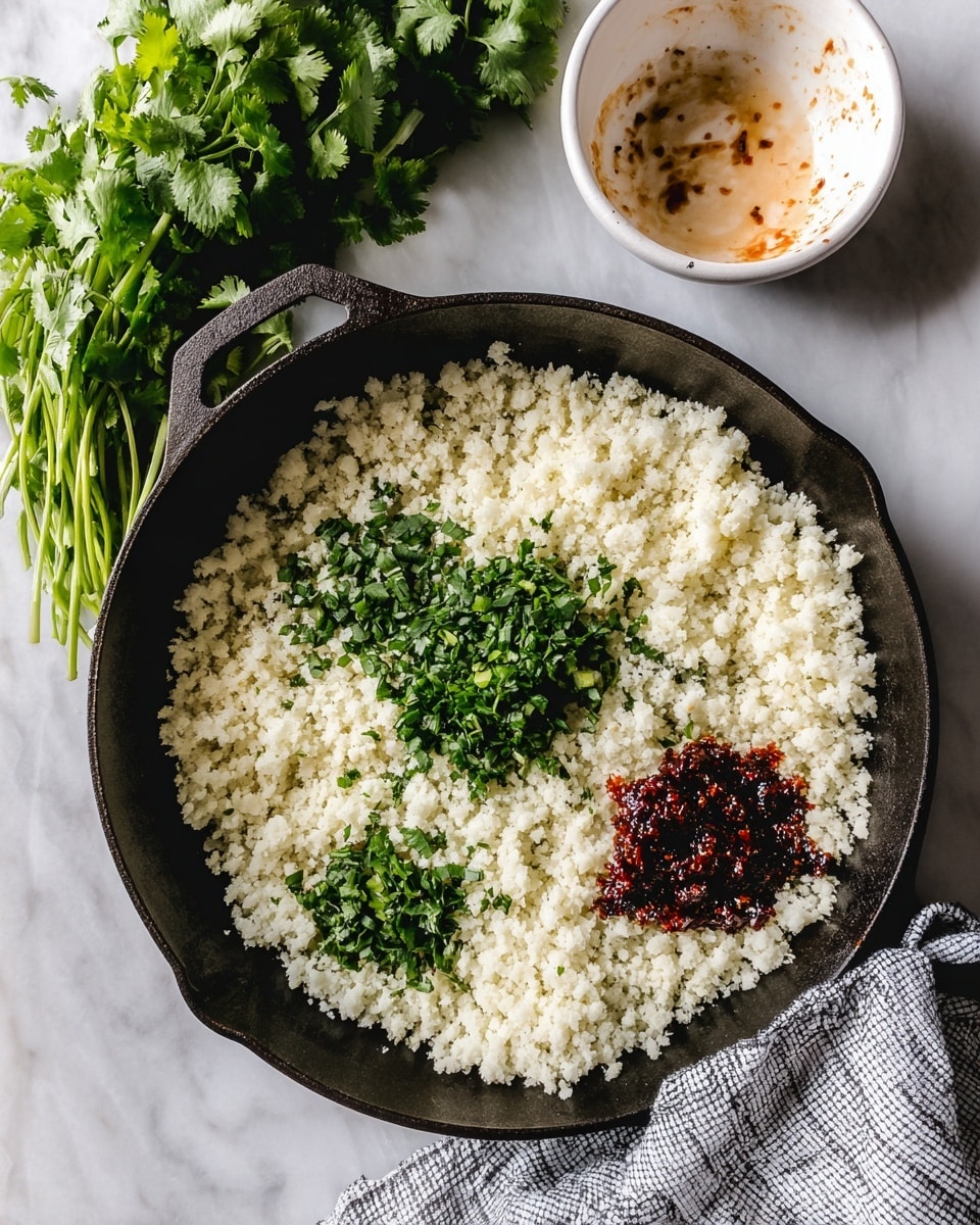 The image shows a black cast iron pan filled with one main layer of cooked white cauliflower rice, with two small piles on top - one pile of finely chopped fresh green herbs slightly left of center, and one pile of dark red chili paste towards the bottom center. Above the pan at the right side is a small white bowl with some brown sauce stains inside. To the left of the pan, there is a bunch of fresh green cilantro lying on a white marbled surface. A grey and white checkered napkin is partially visible under the pan at the bottom right. Photo taken with an iphone --ar 4:5 --v 7