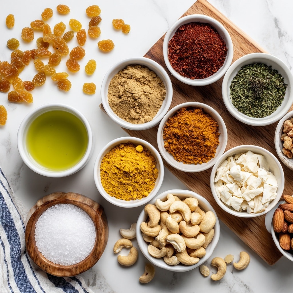 The image shows a flat lay of various small white bowls and a wooden board with spices, all placed on a white marbled surface. The top right features a wooden cutting board with nine neatly arranged piles of ground spices in different colors: light brown, dark green, brown, dark red, yellow, dark orange, white, medium brown, and orange. Around the board, small white bowls hold golden raisins at the top left, small chopped orange peel below that, liquid green ingredient next to a pale cream liquid, and a pair of white bowls filled with raw cashews and whole almonds placed side by side at the bottom right. A small bowl of white granulated salt on a wooden base is at the bottom left on top of a striped cloth. The image is bright and evenly lit with a clean, fresh feel. photo taken with an iphone --ar 4:5 --v 7