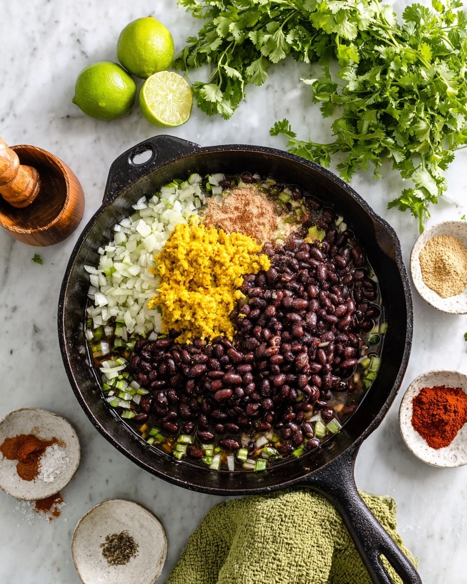 A black cast iron skillet sits on a white marbled surface, filled with a layered mix of ingredients. The bottom layer is a light mix of finely chopped white onions and green pieces, partially soaked in clear liquid. At the center, there is a large pile of dark brown or black beans, glistening with moisture. On top of the beans, there are three smaller piles: one is bright yellow with a chunky texture, another is light brown powder, and the last is a dark red powder. Surrounding the skillet are bunches of fresh green cilantro, halved limes, a green textured cloth, a wooden salt container, and four small white bowls with small amounts of seasoning or leftover ingredients, all placed on the white marbled surface. Photo taken with an iphone --ar 4:5 --v 7