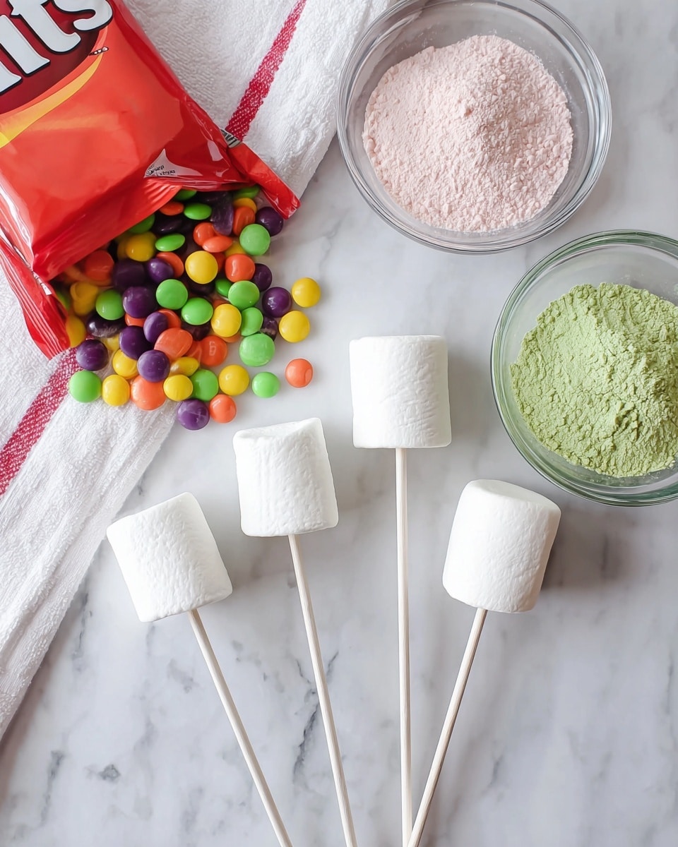The image shows five large white marshmallows each on a white stick, spread out on a white marbled surface. Above them, there are two clear glass bowls, one filled with pink powder and the other with green powder. To the left side, a partially opened red Skittles candy packet with colorful round candies in yellow, green, red, purple, and orange spilled out next to it. A white cloth with a red stripe is partially visible behind the bowls, adding texture to the scene. photo taken with an iphone --ar 4:5 --v 7